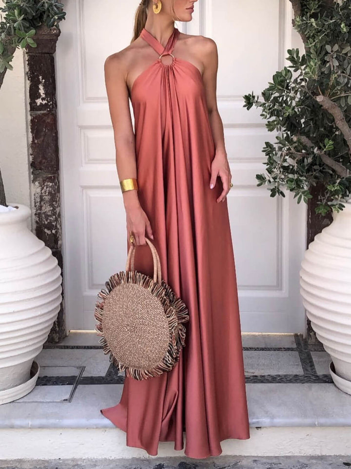 Emilia - Vestido de verano acampanado de satén con cuello halter