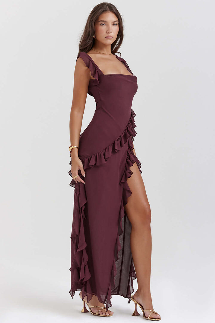 Vestido largo con abertura y volantes para fiesta para mujer - Agathe