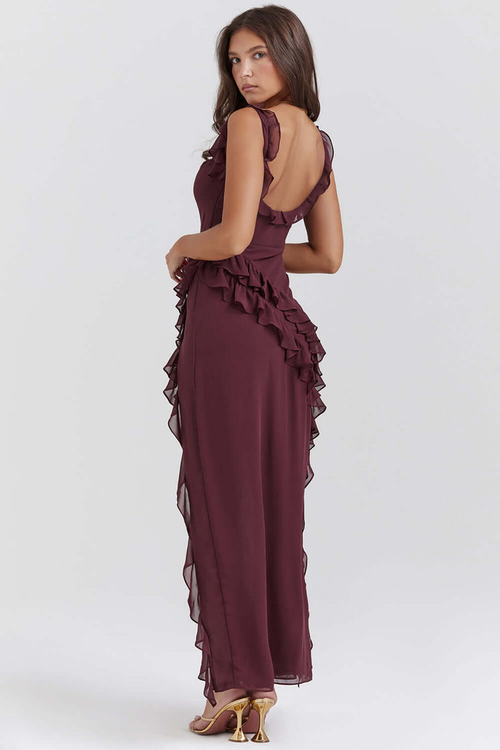 Vestido largo con abertura y volantes para fiesta para mujer - Agathe