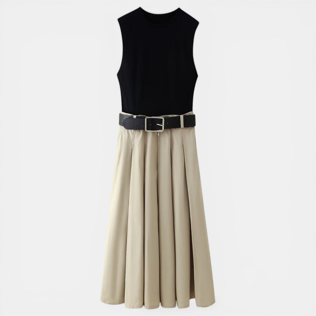 Vestido Midi Plisado Negro y Marrón