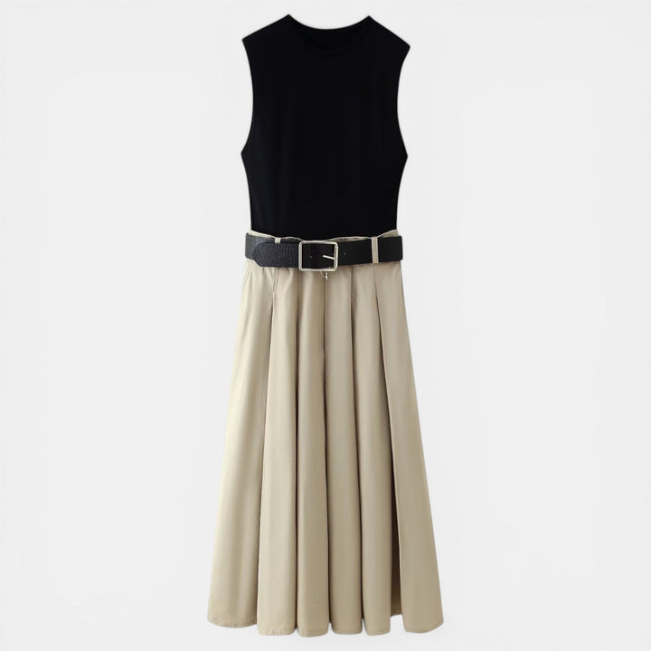 Vestido Midi Plisado Negro y Marrón