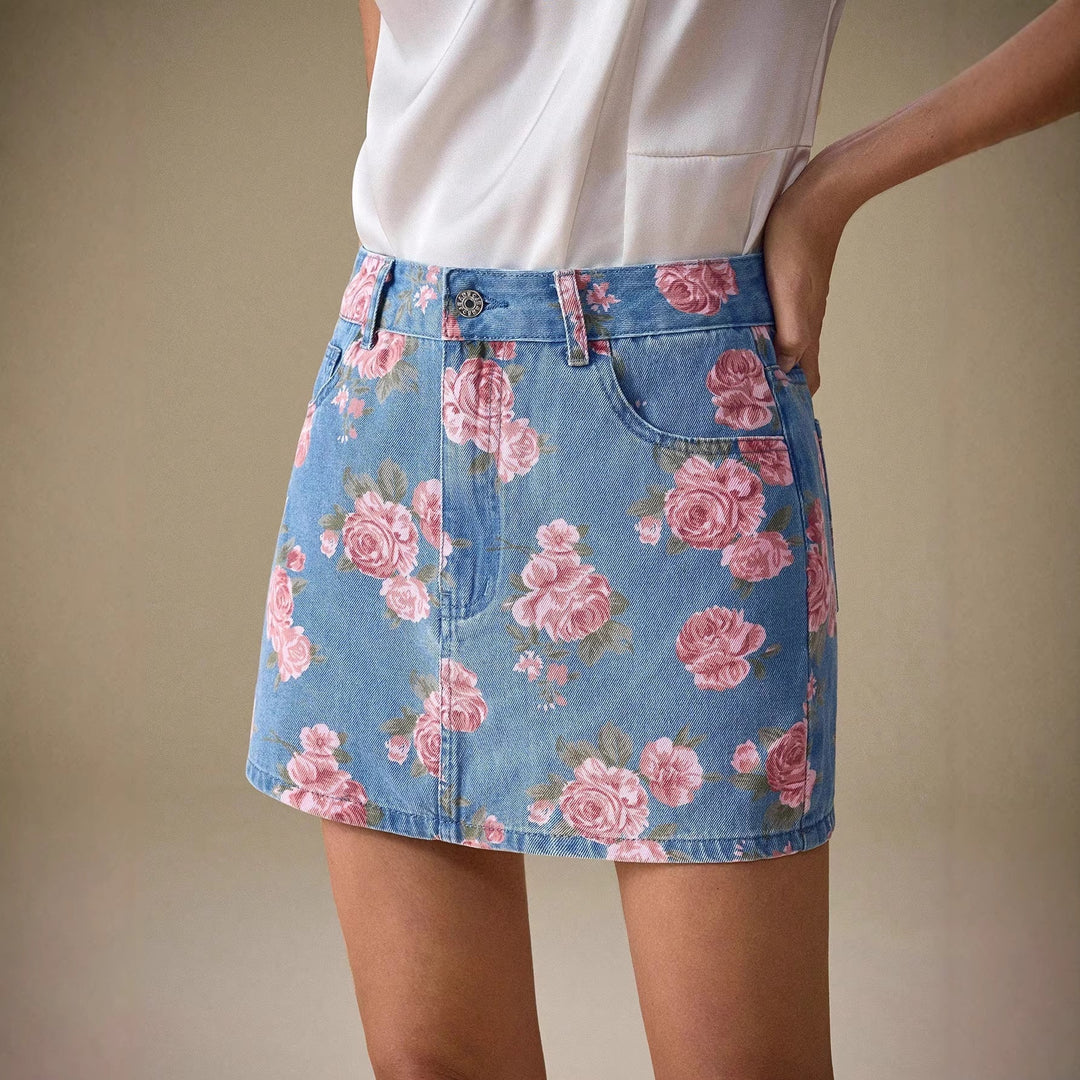 Falda mujer denim con estampado floral y corte recto - Letty