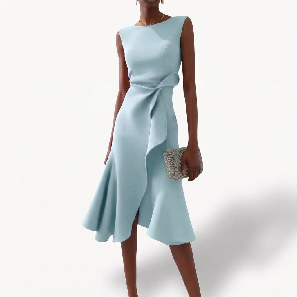 Agustina | Mujer Vestido Midi Drapeado Volante Asimétrico