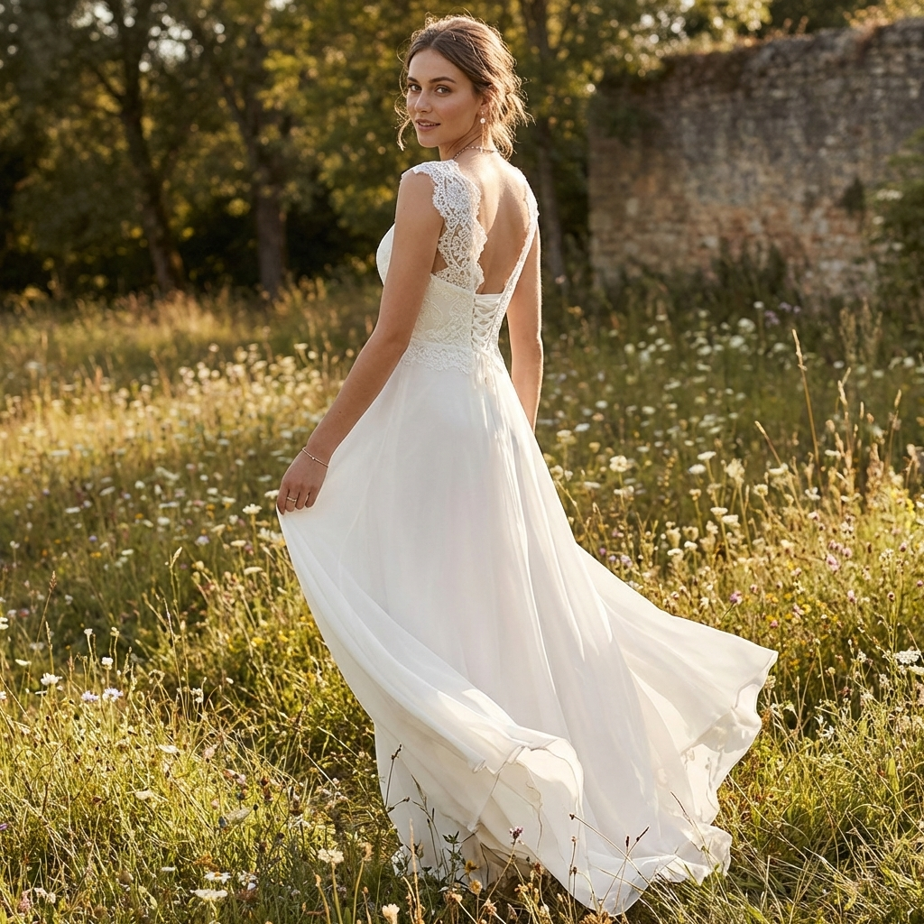 Ariadna | Vestido Maxi Gasa Blanco Corpiño Encaje Manga Casquillo Mujer Nupcial