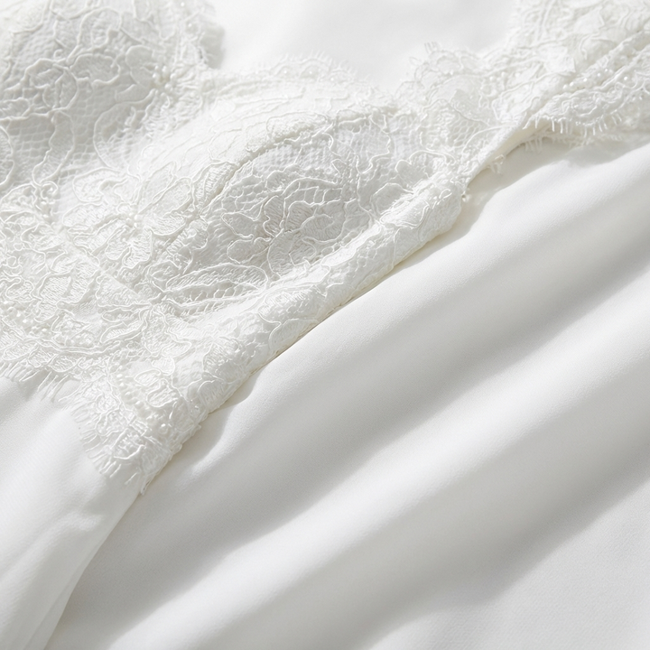 Ariadna | Vestido Maxi Gasa Blanco Corpiño Encaje Manga Casquillo Mujer Nupcial
