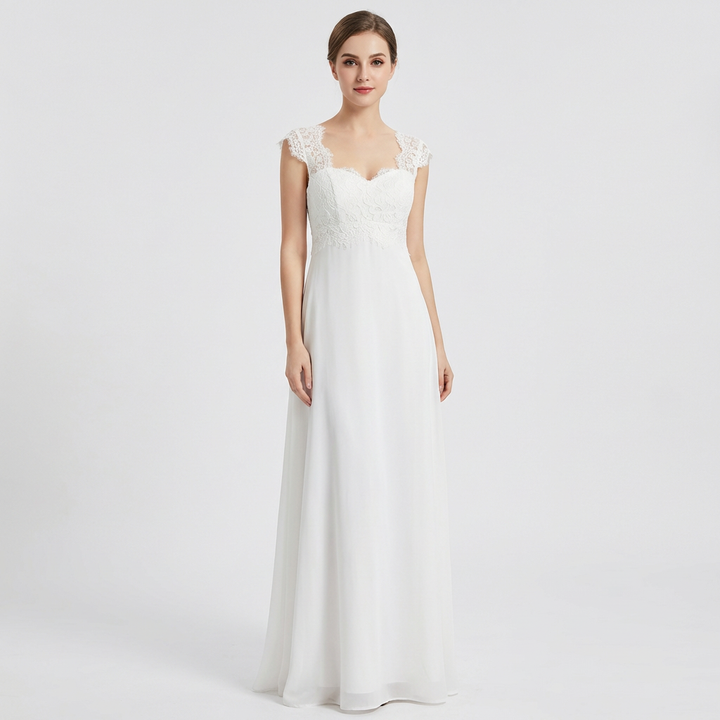 Ariadna | Vestido Maxi Gasa Blanco Corpiño Encaje Manga Casquillo Mujer Nupcial