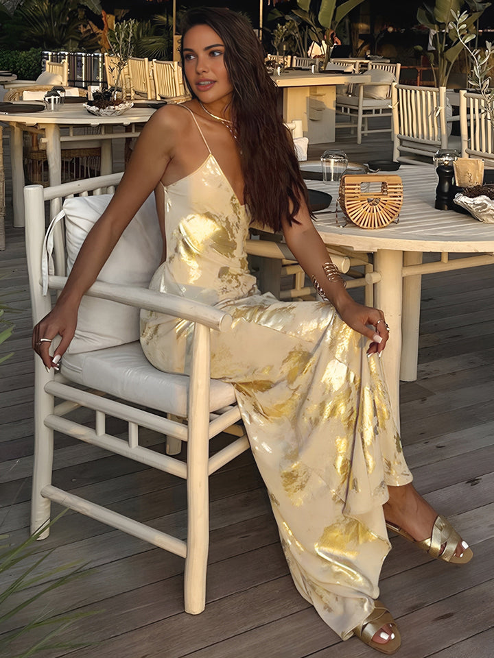 Jade - Maxivestido con cuello en V y estampado metalizado