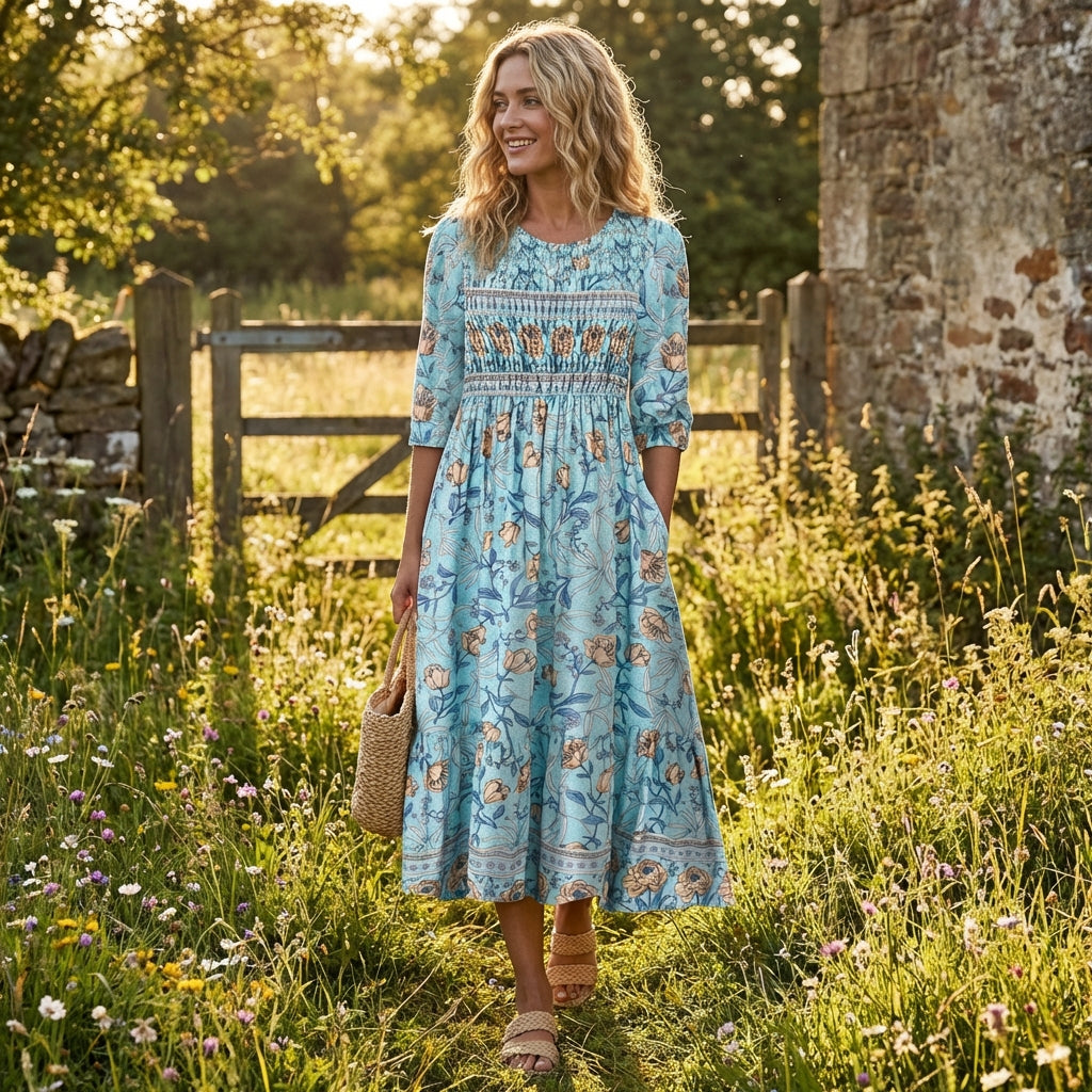 Celeste | Vestido Midi Floral Smock Mujer Boho