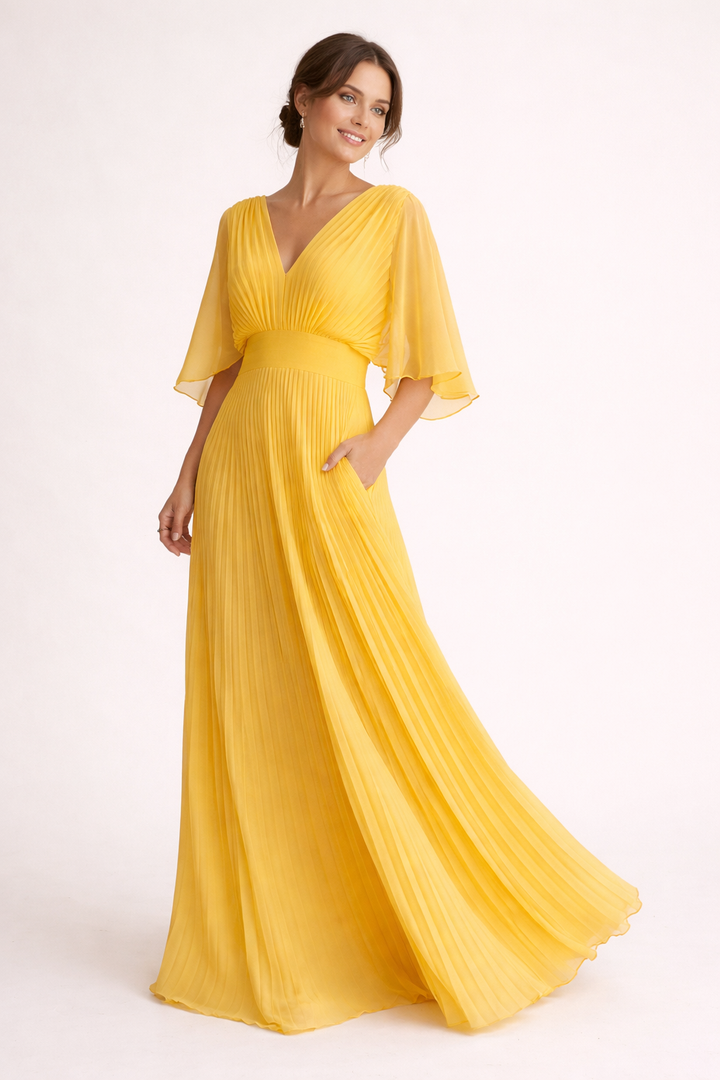 Vestido largo mujer plisado manga corta escote V elegante - Norevia