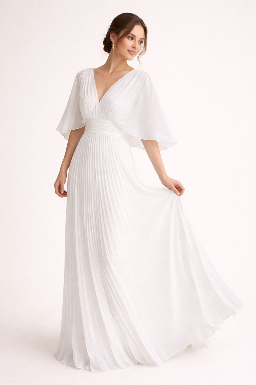 Vestido largo mujer plisado manga corta escote V elegante - Norevia
