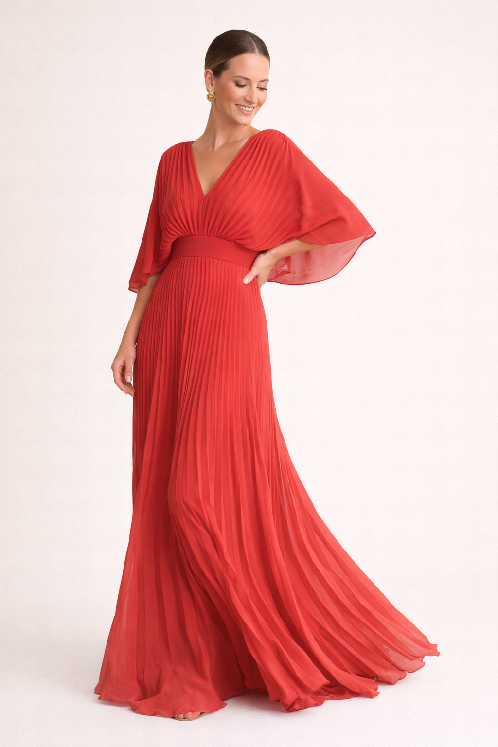 Vestido largo mujer plisado manga corta escote V elegante - Norevia
