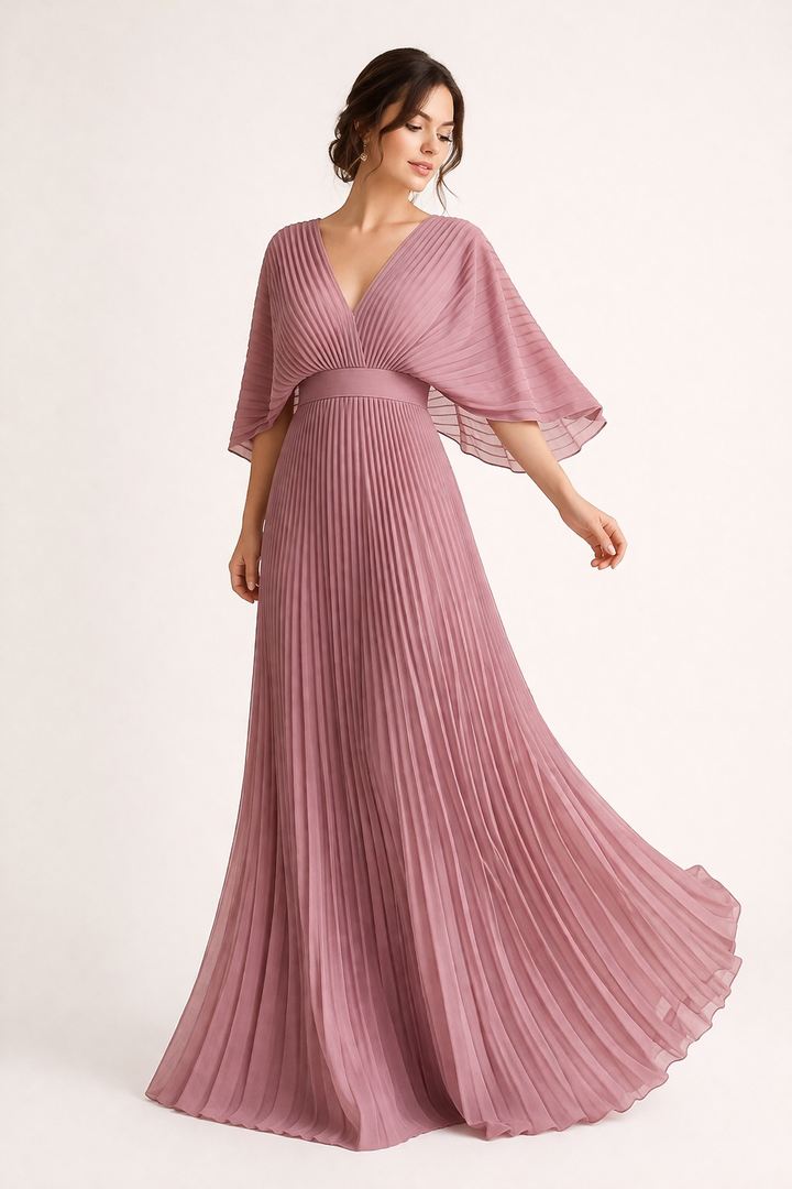 Vestido largo mujer plisado manga corta escote V elegante - Norevia