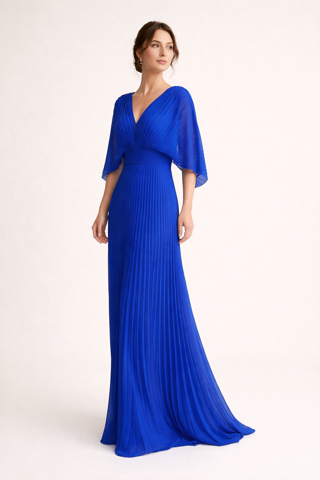 Vestido largo mujer plisado manga corta escote V elegante - Norevia