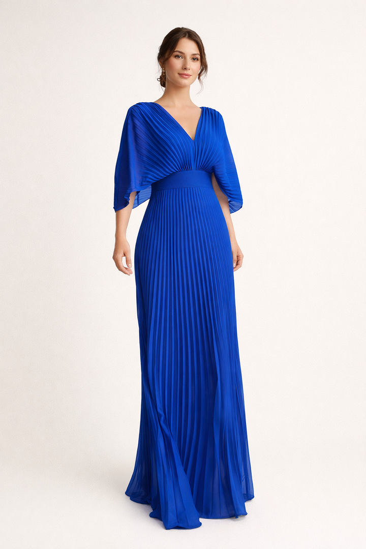 Vestido largo mujer plisado manga corta escote V elegante - Norevia