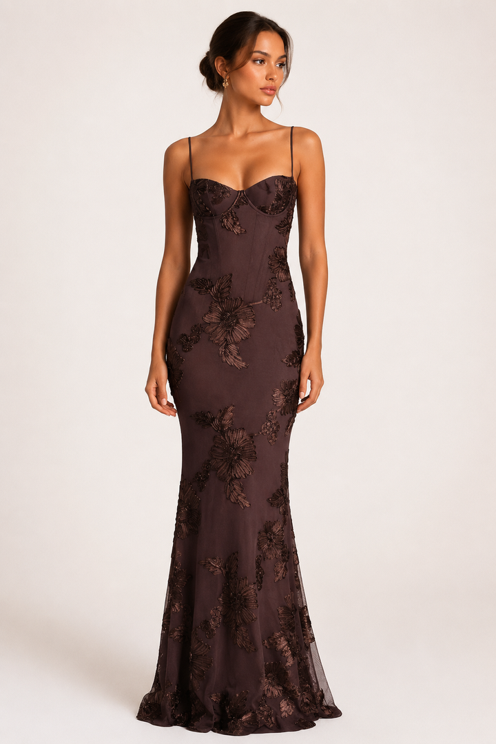 Vestido largo mujer corset elegante bordado floral - Zarelle