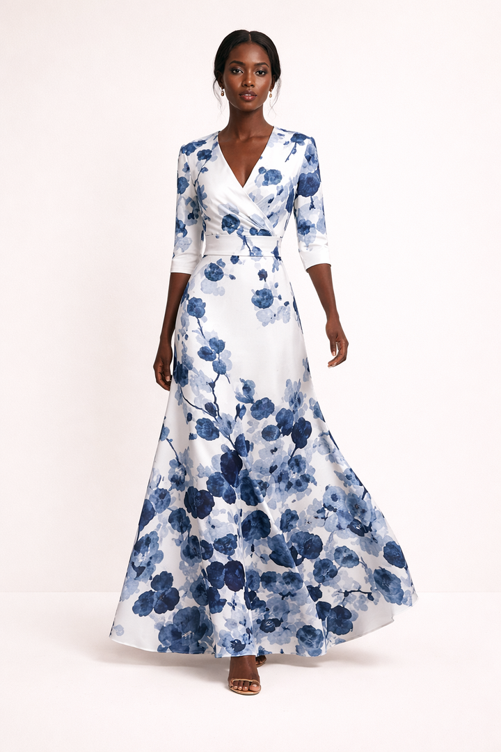 Vestido maxi casual estampado manga tres cuartos escote V - Belvara
