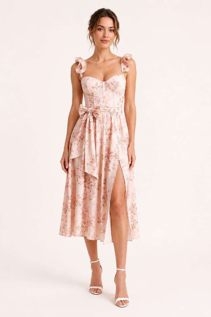 Vestido midi mujer estampado floral corset abertura lateral - Käthe