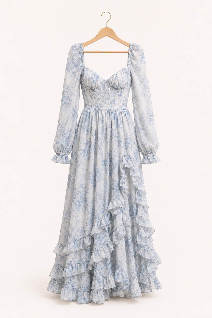 Vestido largo elegante floral mujer manga larga - Romy