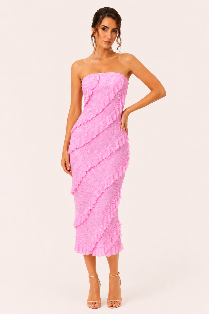 Vestido midi strapless mujer con volantes - Yina