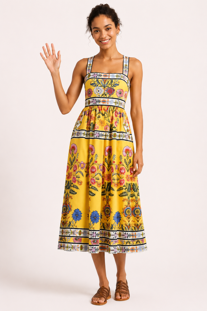 Vestido midi floral cintura alta mujer - Nele