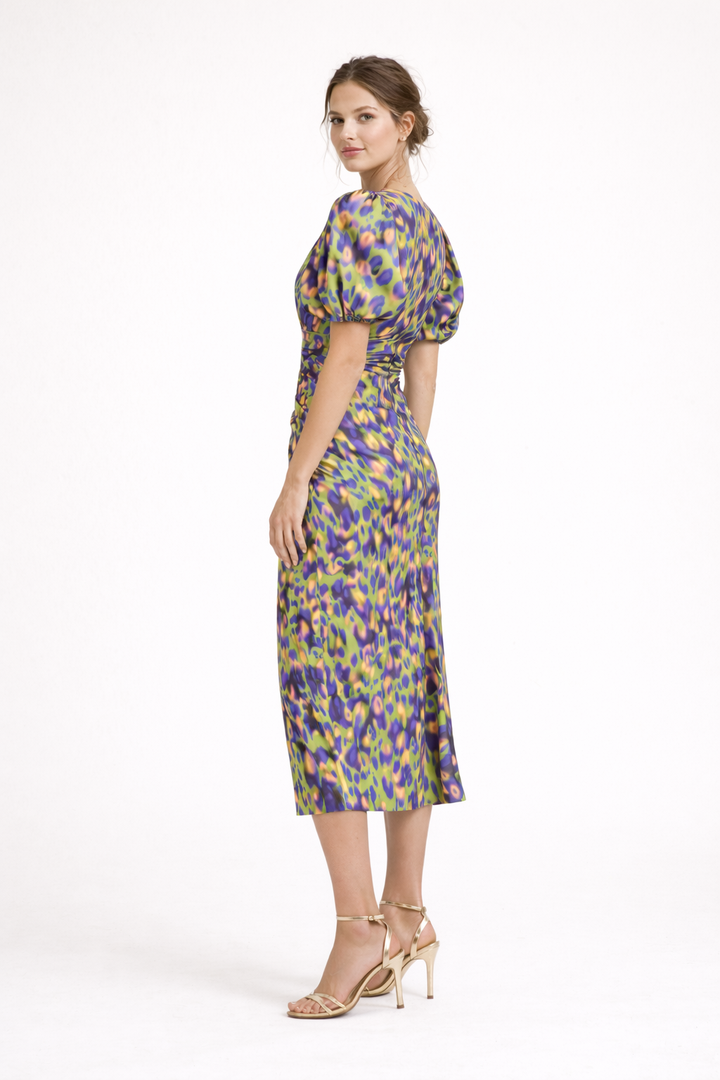 Vestido midi estampado con manga abullonada escote V - Sarah