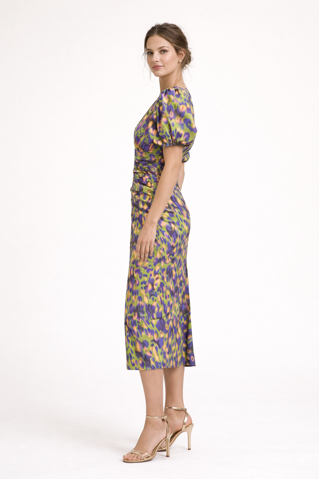 Vestido midi estampado con manga abullonada escote V - Sarah