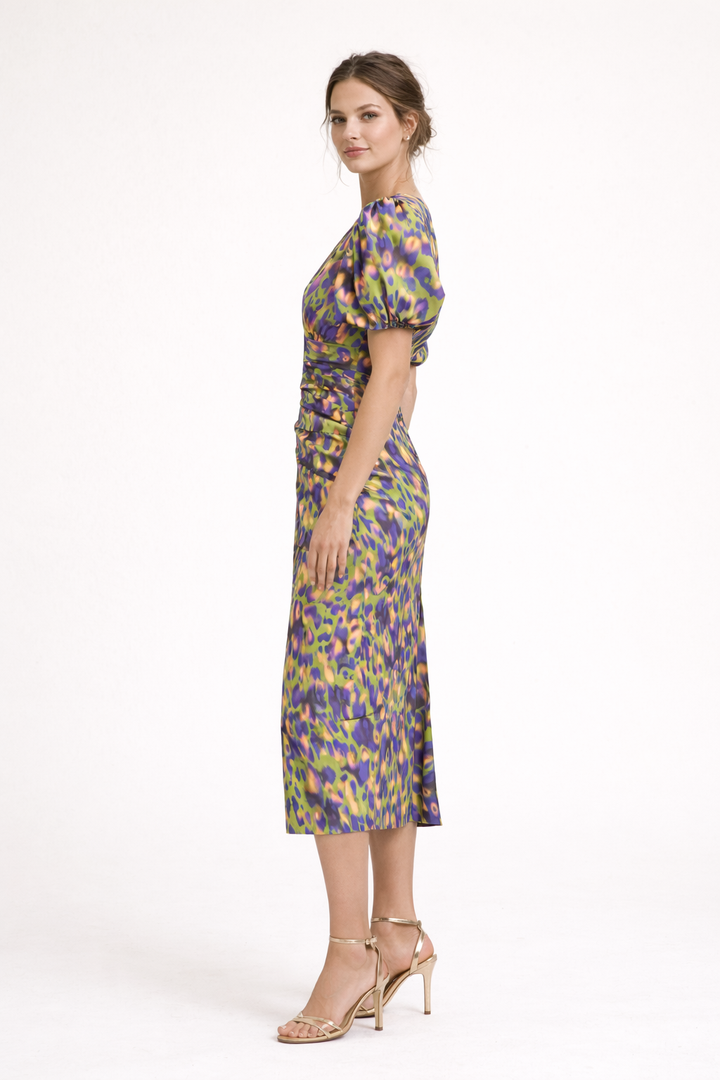 Vestido midi estampado con manga abullonada escote V - Sarah