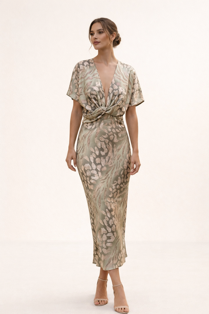 Vestido midi estampado escote V nudo frontal manga corta verano - Jennifer
