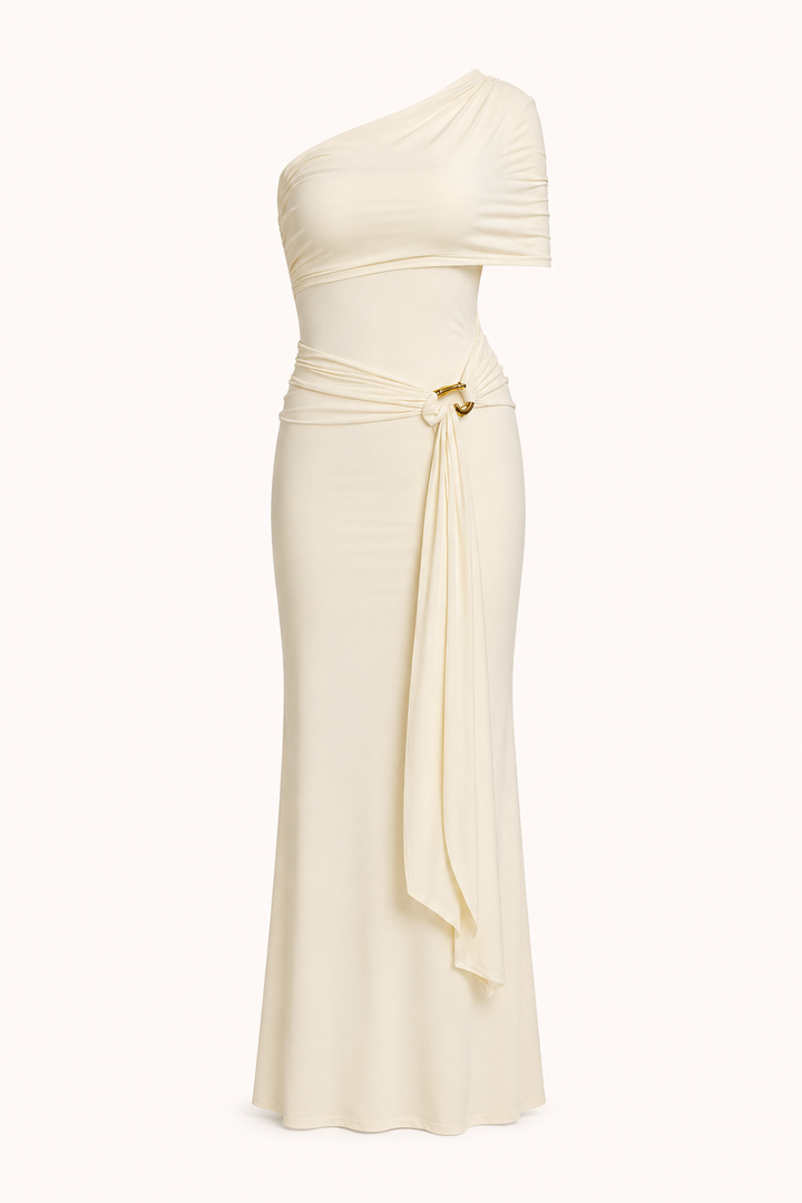 Vestido largo un hombro drapeado mujer - Maike