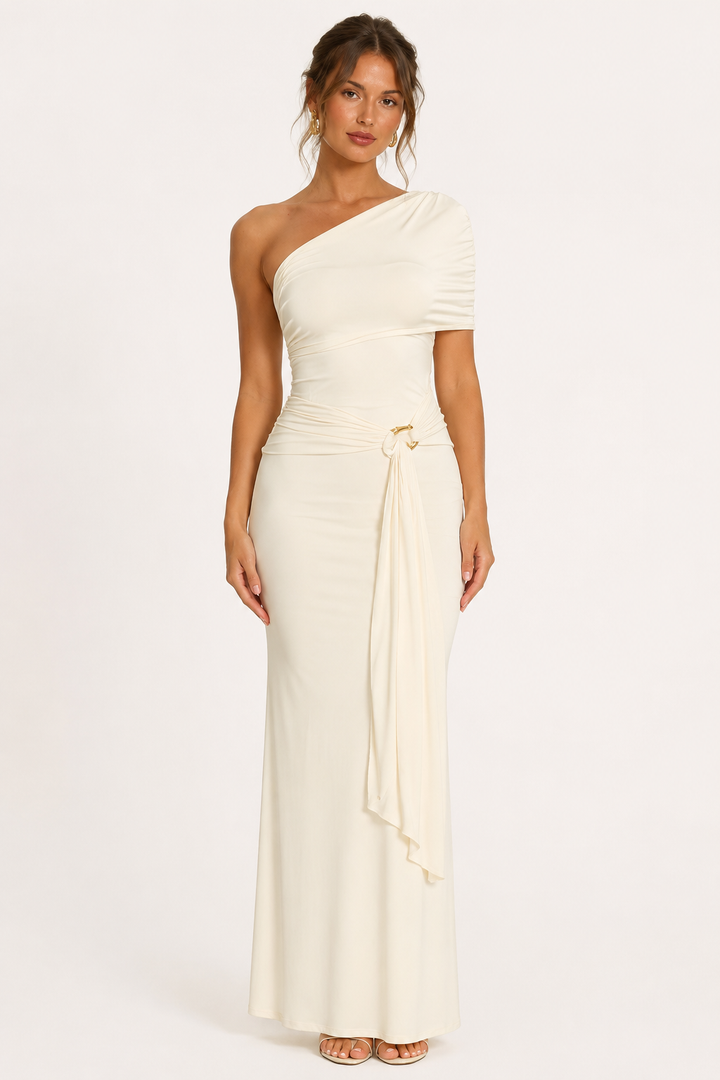 Vestido largo un hombro drapeado mujer - Maike
