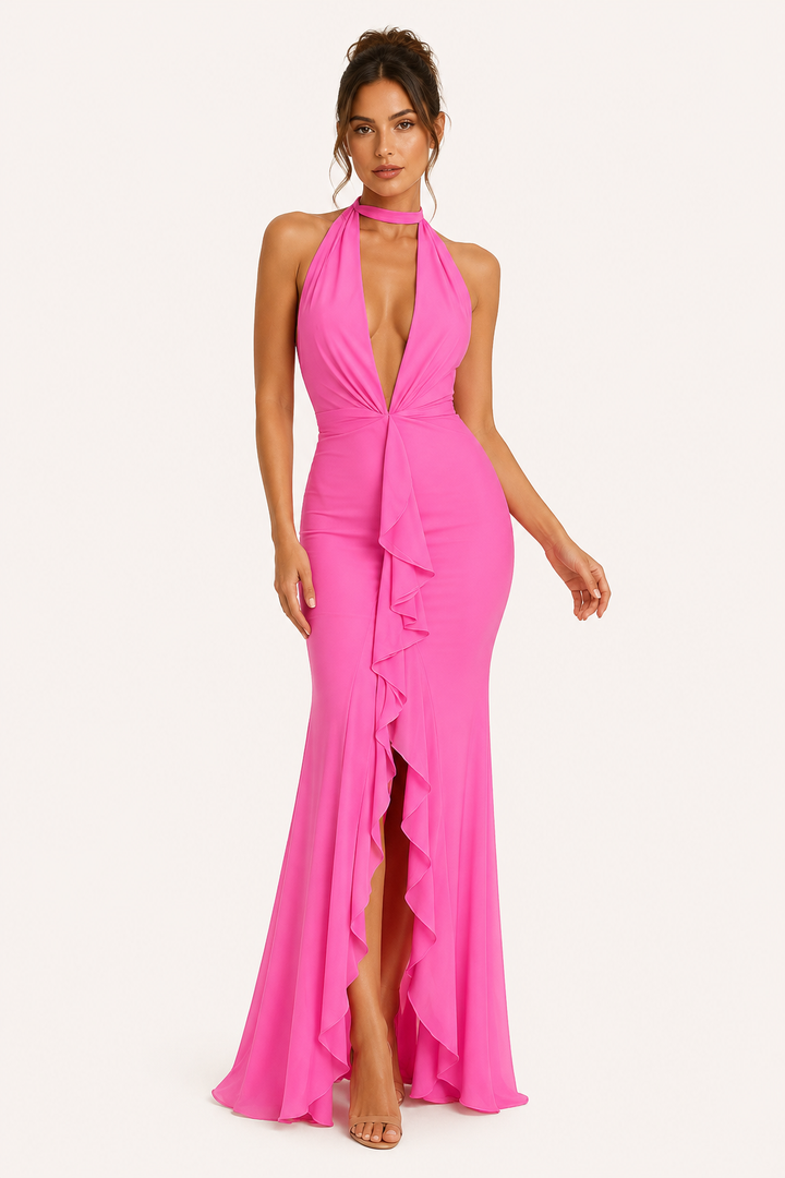 Vestido largo halter abertura frontal mujer - Romy