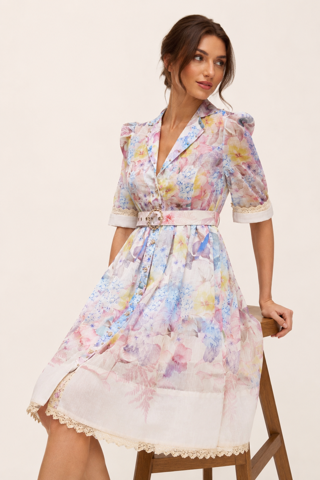 Vestido camisero floral mujer con cinturón - Minna