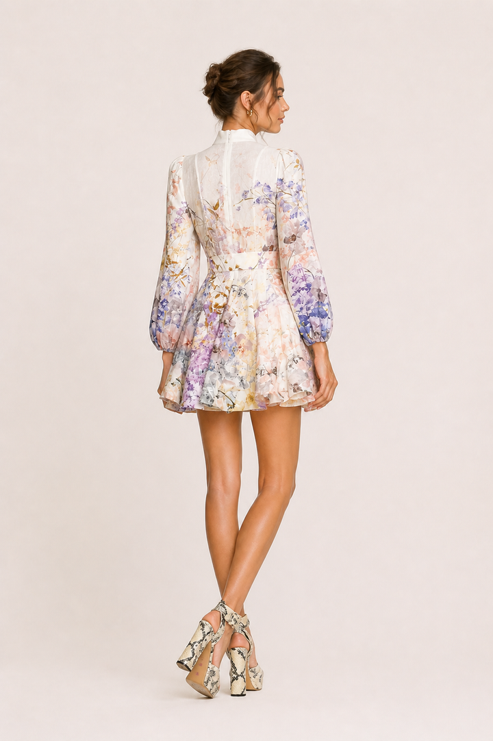 Vestido corto mujer floral elegante manga larga - Candice