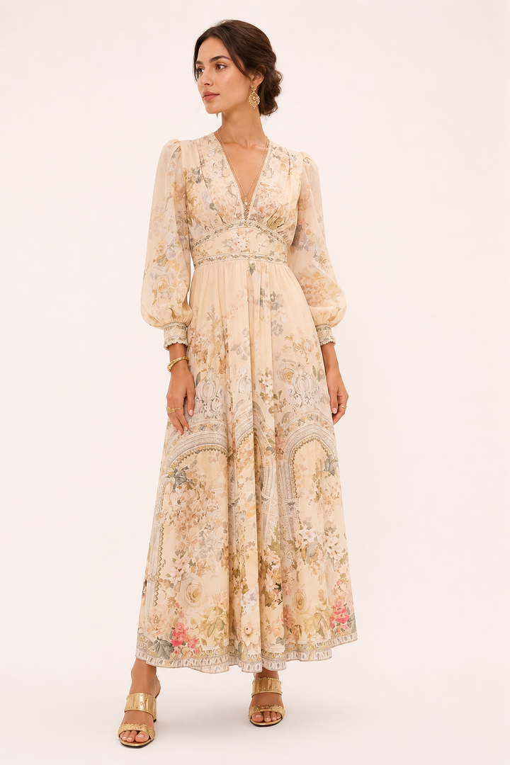 Vestido midi mujer escote V cintura alta manga abullonada - Connie