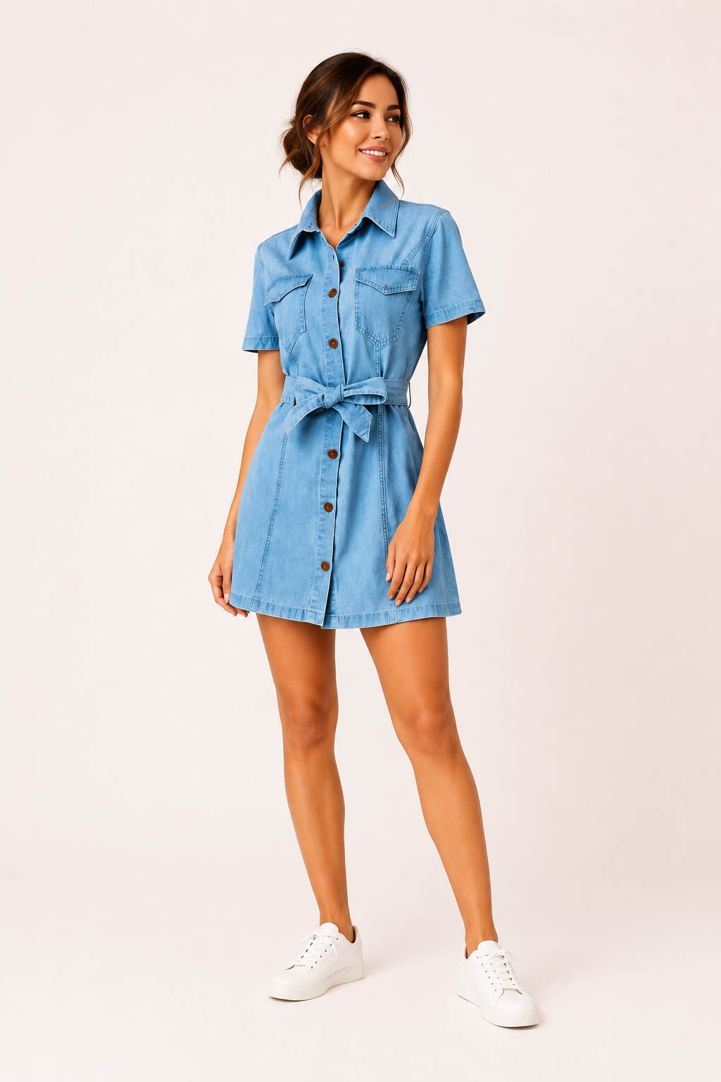Vestido corto mujer denim botones cinturón casual - Tabea