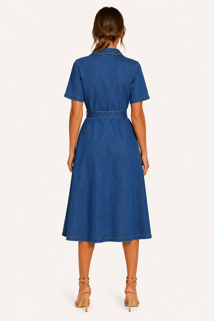 Vestido midi mujer denim botones cinturón casual - Klara
