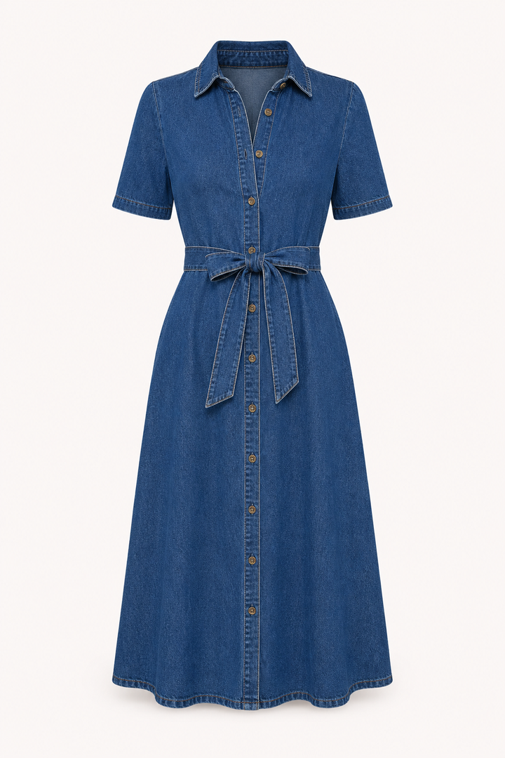 Vestido midi mujer denim botones cinturón casual - Klara
