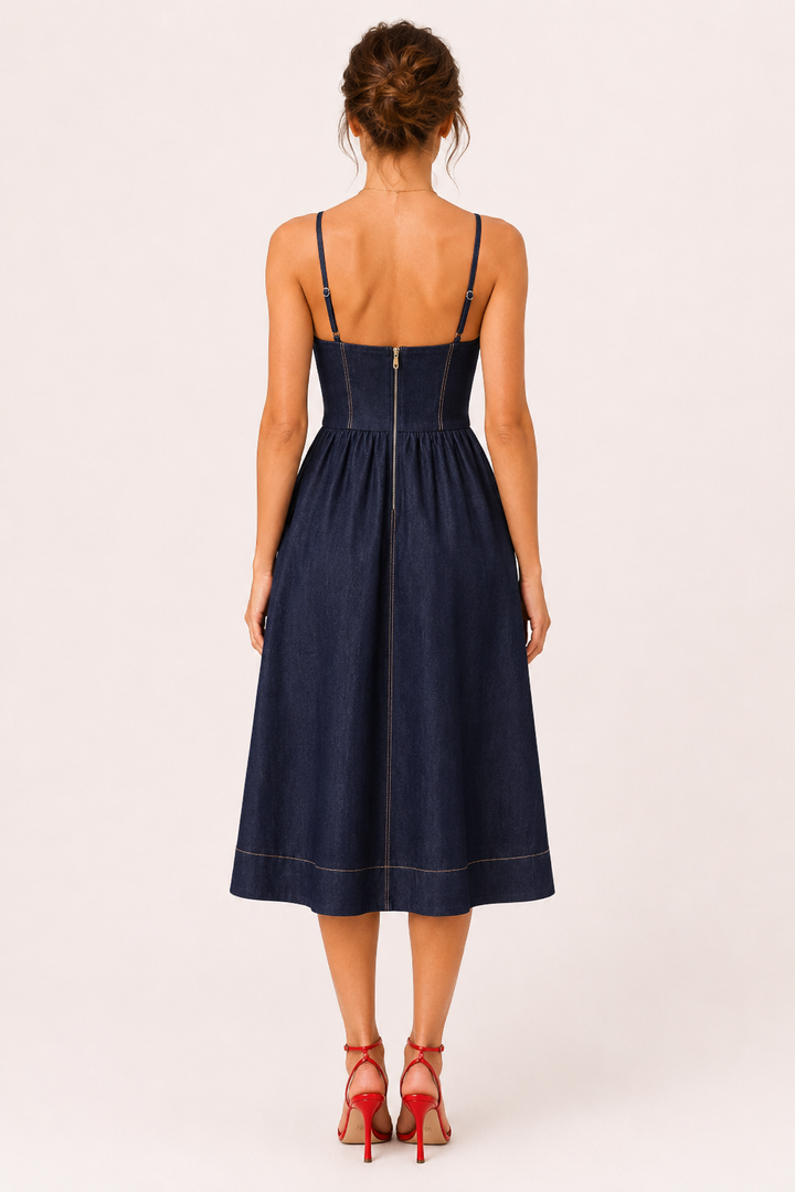 Vestido denim midi mujer escote corazón - Helene