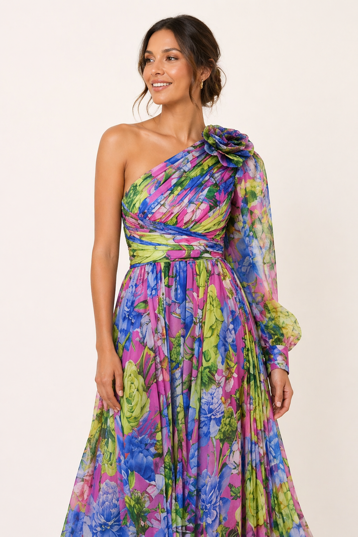Vestido largo un hombro floral abertura mujer fiesta - Valentina
