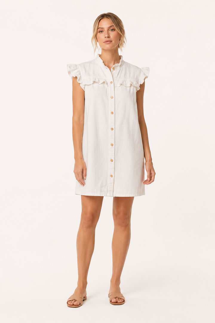 Vestido corto mujer denim volantes botones casual - Meike