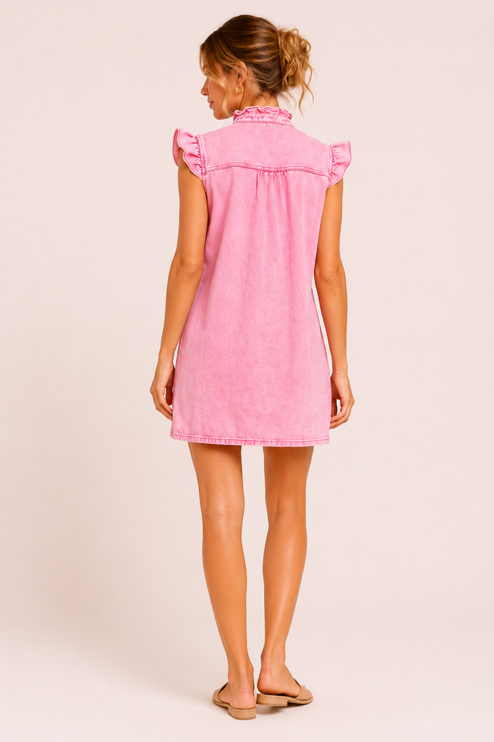 Vestido corto mujer denim volantes botones casual - Meike