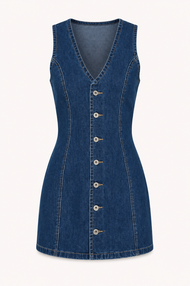 Vestido corto mujer denim botones escote V - Ilse