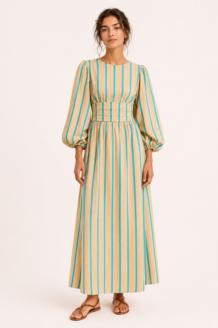 Vestido largo rayas mujer manga abullonada - Larissa
