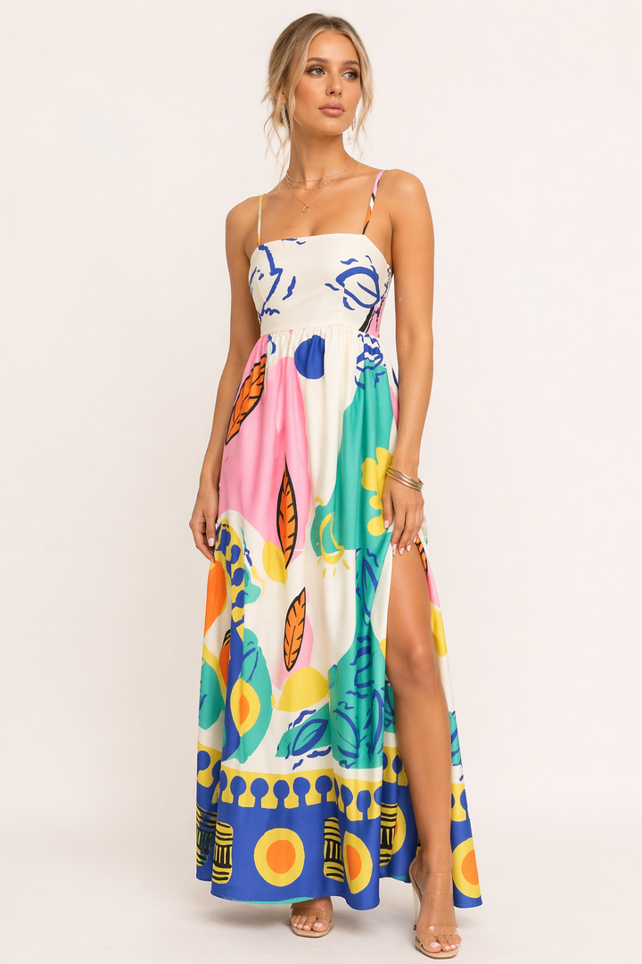 Vestido largo estampado tirantes abertura mujer verano - Aroa