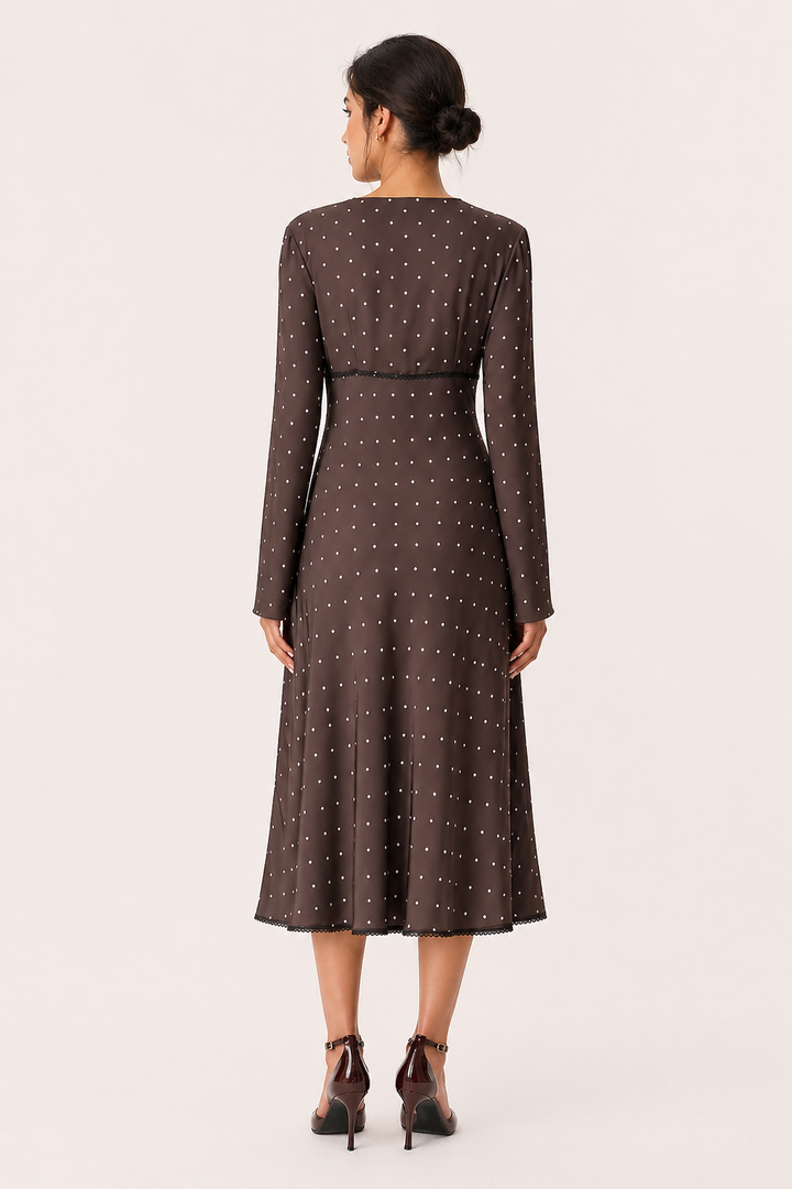 Vestido midi mujer manga larga lunares cuello V casual - Ottilie