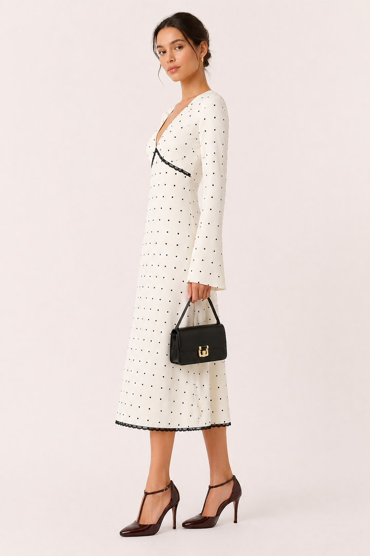 Vestido midi mujer manga larga lunares cuello V casual - Ottilie