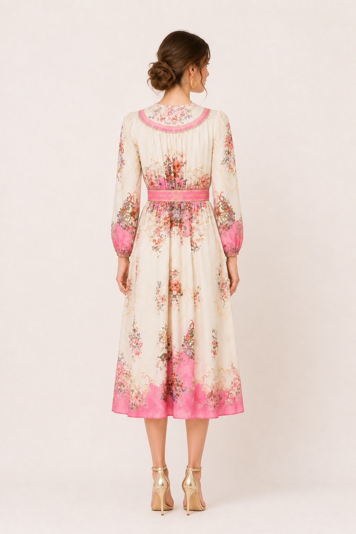 Vestido midi mujer manga larga estampado floral corte entallado - Brenda