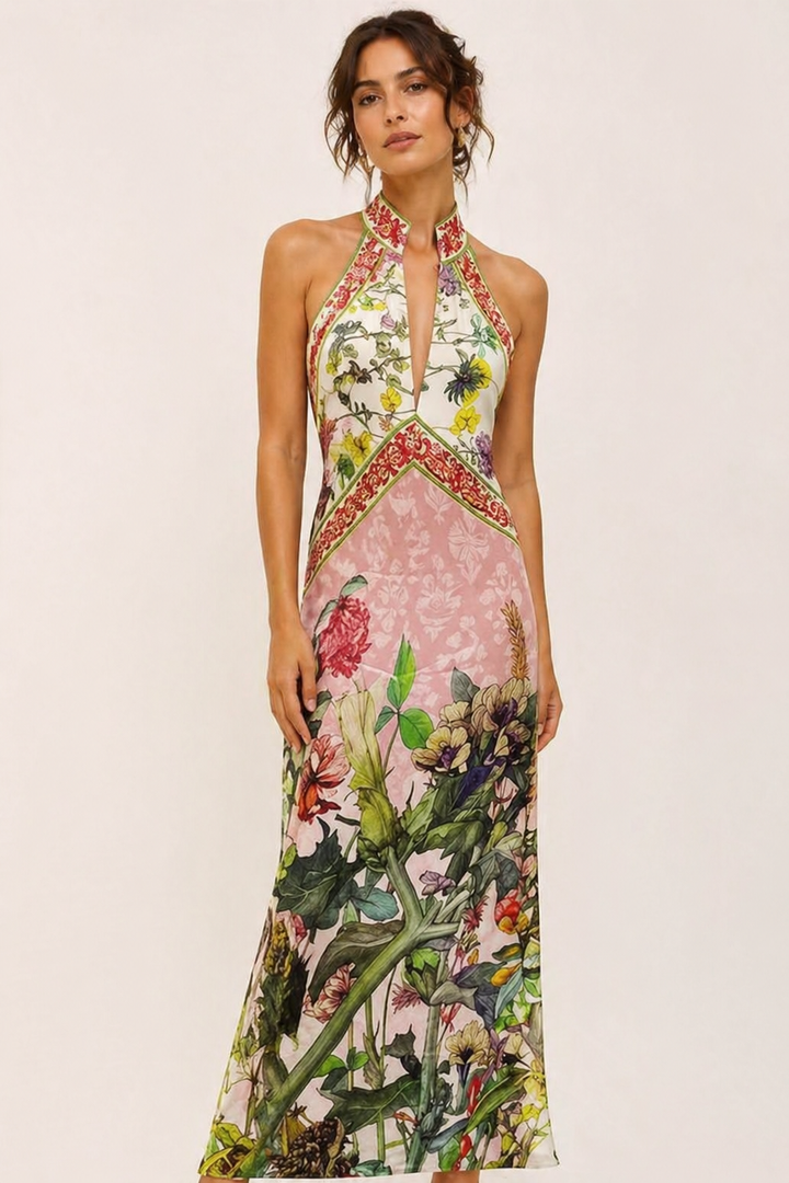 Vestido largo mujer halter floral abertura - Valery