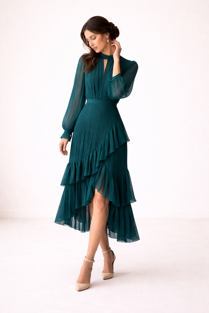 Vestido midi plisado para mujer manga larga corte femenino - Anika