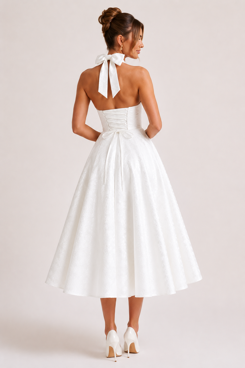 Vestido midi mujer cuello halter falda amplia elegante - Elodie